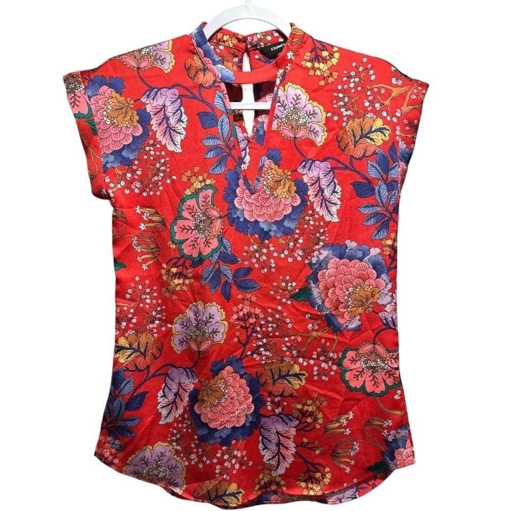 Express Red Oriental Blossoms Choker Cap-sleeve Silky Blouse XXS TTP Light - Picture 4 of 16